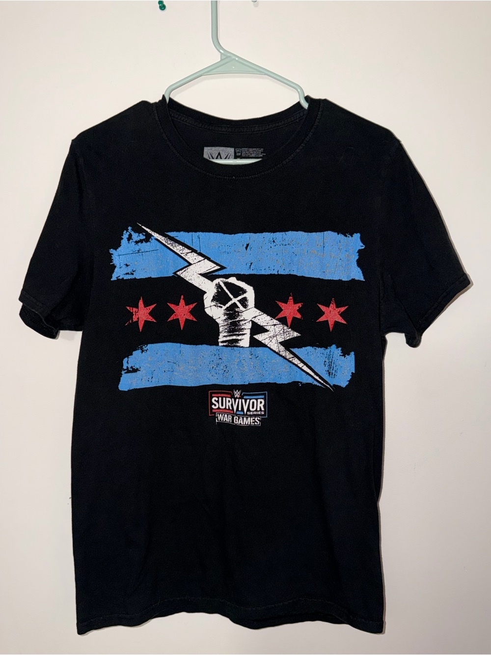 WWE CM Punk Black Graphic Tee with Blue Stripes & Red Stars